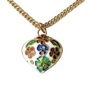 Vintage gold puffy heart enamel Cloisonné charm necklace